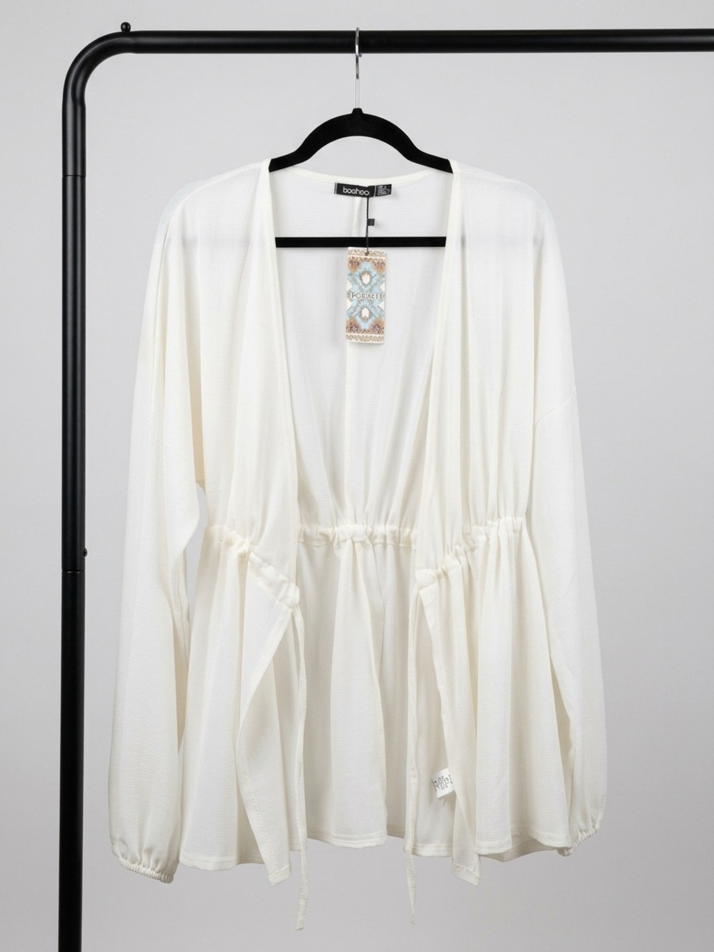 Boohoo White Boho Drawstring Kimono Cardigan Cover-Up - NWT Size 10